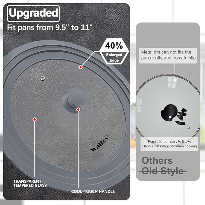 Universal Lid for Pots, Pans and Skillets - Walfos Tempered Glass Pan Lid with Heat Resistant Silicone Rim, BPA Free Large Pot Lids Fits 9.5", 10" and 11" Diameter Cookware, Dishwasher-Safe, Grey