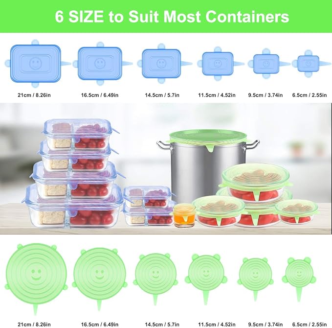 Silicone Stretch Lids, 12 Pack Silicone Lids, 6 Sizes BPA-free Silicone Bowl Covers Reusable for Cups, Bowls and Dish, Flexible, Round and Rectangle Fit 2.6” - 8.2” Container, Green & Blue