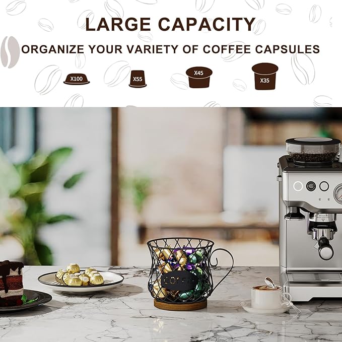 YINMIT K Cup Holder Organizer, Rustic Coffee Pod Holder Organizer, 35 Kcup Holder for Counter with Handle,Large Capacity Black Wire Coffee Capsule Basket for Kitchen Office Desktop (Circular Grid)