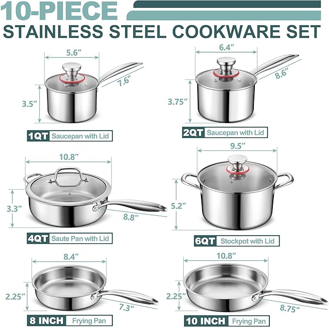 P&P CHEF 10 Pcs Pots and Pans Set, Stainless Steel Cookware Sets for Kitchen, Induction Cookware Non-toxic Kitchen Cooking Set w/Fry Pans, Saucepans, Stockpot, Saute Pan, Dishwasher Safe