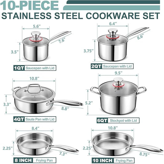 P&P CHEF 10 Pcs Pots and Pans Set, Stainless Steel Cookware Sets for Kitchen, Induction Cookware Non-toxic Kitchen Cooking Set w/Fry Pans, Saucepans, Stockpot, Saute Pan, Dishwasher Safe