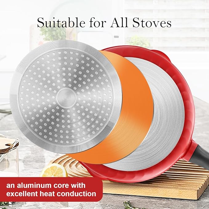 11 Inch Nonstick Deep Frying Pan with Lid, 4-Pc Set - (4.5 Qt Saute Pan with Lid, Steamer/Strainer Basket, Silicone Spatula), Skillet with Detachable Handle, Oven Safe, Non-Toxic