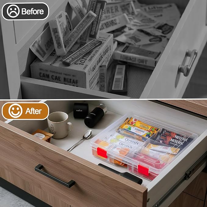 Water Packet Organizer – Stackable Clear Acrylic Water Flavor Packet Organization with Removable Dividers & Secure Lid for Kitchen, Countertop, Pantry, and Travel (Red)