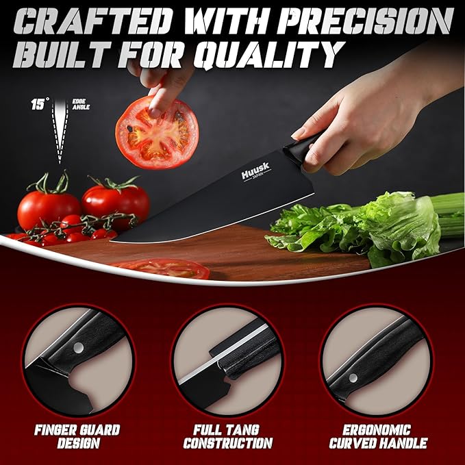 Huusk Japanese Chef Knife for Kitchen - 8in Stainless Kitchen Knife with Black Titanium Coating, All Purpose Cooking Knives for Vegetable & Meat Cutting, Ultra Sharp Gyuto Knives, Fathers' Day Gifts