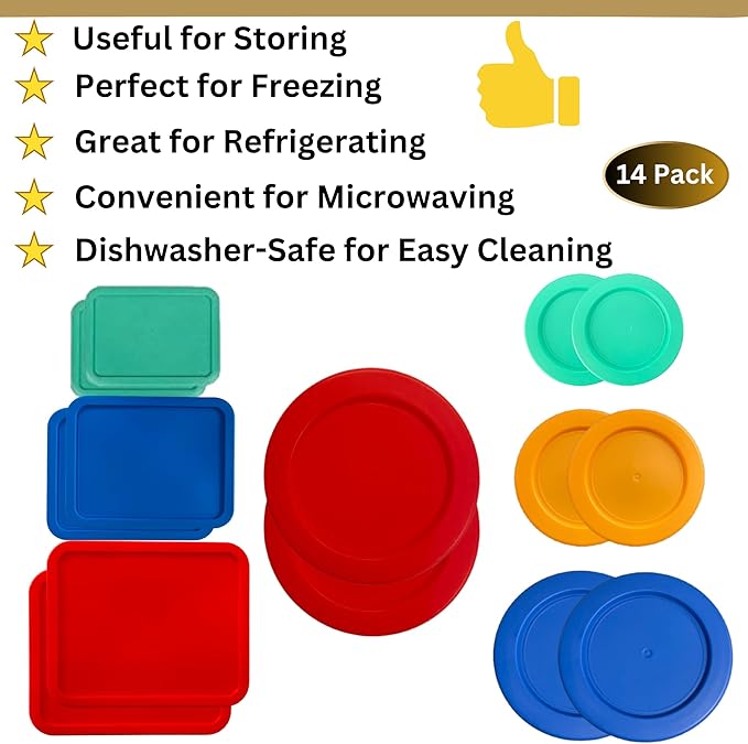 1, 2, 4 & 7 Cup Round & 3, 6, 11 Cup Rectangle Replacement Lids/Covers for Pyrex, Anchor Hocking & KlareWare Storage Bowls *Lids Only -Glass Container Not Included*, 14 Pack *2 of Each Size*