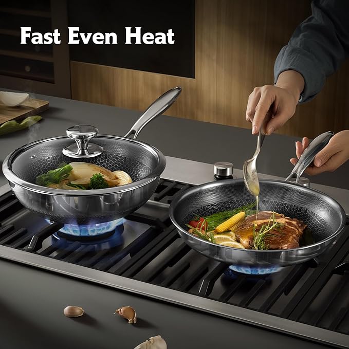 Non Stick Pots and Pan Set, 10 Pcs Hybrid Stainless Steel Cookware Set with Lids, Kitchen Skillet, Stock Pot, Nonstick Frying Pan, PFOA-free Kitchen Cooking Utensils,Induction,Dishwasher Safe