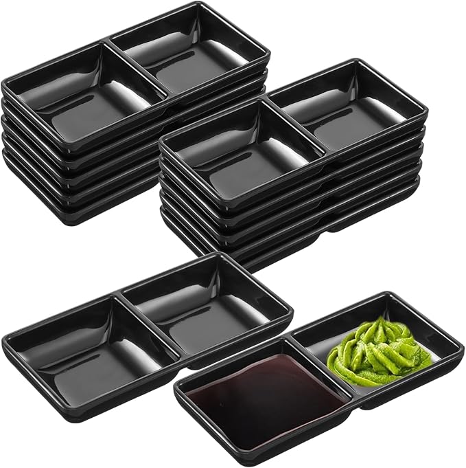 Tobeelec 12 Pcs Dual Dipping Sauce Bowls Soy Sauce Dish Bowls Two Compartments Party Trays Divided Fondue Plates for Restaurant Kitchen Sushi Soy (Black)