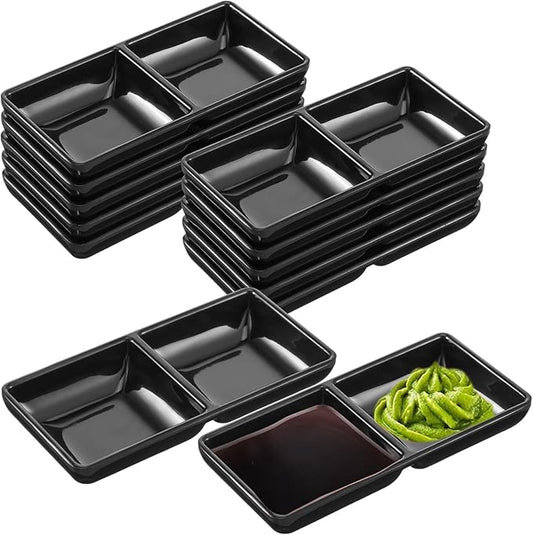Tobeelec 12 Pcs Dual Dipping Sauce Bowls Soy Sauce Dish Bowls Two Compartments Party Trays Divided Fondue Plates for Restaurant Kitchen Sushi Soy (Black)