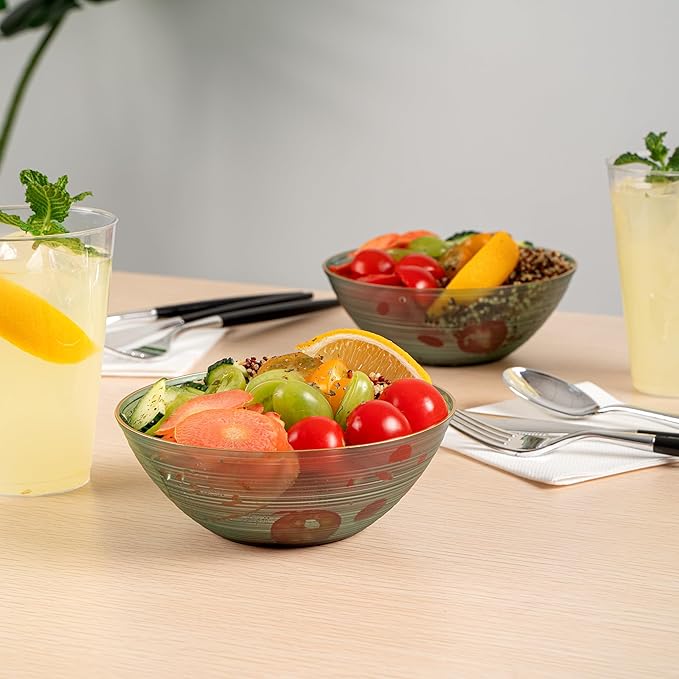 Restaurantware Plastic Bowls 20 Pcs 16 oz Gold Rimmed Disposable Soup Bowls Heavy-Duty Green Translucent Rippled Dinnerware Containers for Party, Desserts, Salads, Snacks, and Catering