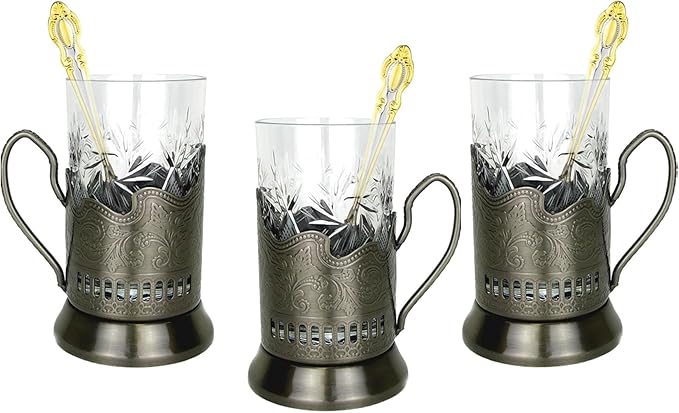 WORLD GIFTS 9 Piece Russian Tea Set Crystal Tempered Hot Tea Glasses with Metal Glass Holders Podstakannik w/Teaspoon - Vintage Design Drinkware