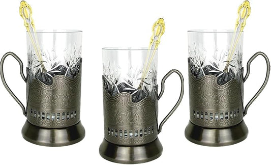 WORLD GIFTS 9 Piece Russian Tea Set Crystal Tempered Hot Tea Glasses with Metal Glass Holders Podstakannik w/Teaspoon - Vintage Design Drinkware