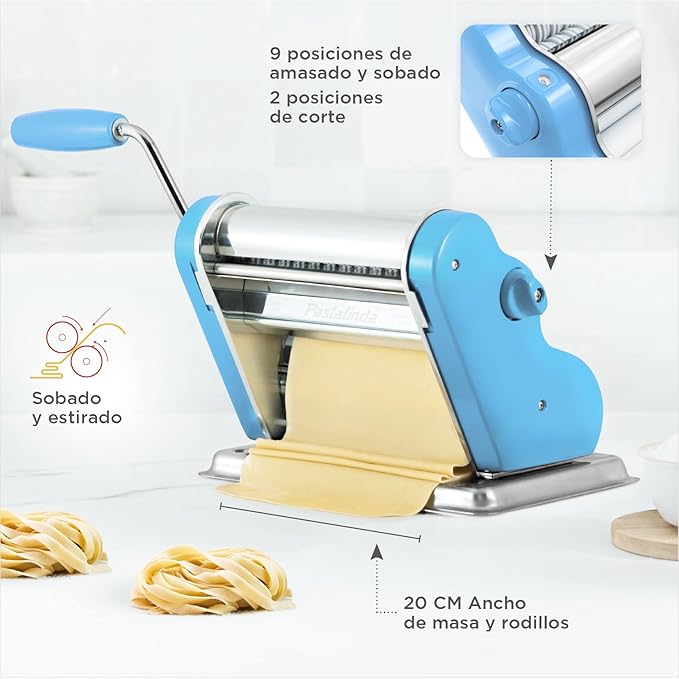 PASTALINDA Classic 200 Pasta Maker Machine, 20 cm Wide Rollers, 9 Thickness Positions, 2 Cutting Positions, Stainless Steel. Includes Reinforced Hand Crank And Two Clamps