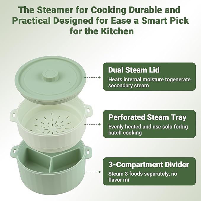 Double-Layer Microwave Steamer Basket, Food-Grade Steamer Pot for Vegetables with Handle and Lid, Heat-Resistant Microwave Steaming Bowl for Easy Clean, Dishwasher Safe, 3 Compartmented