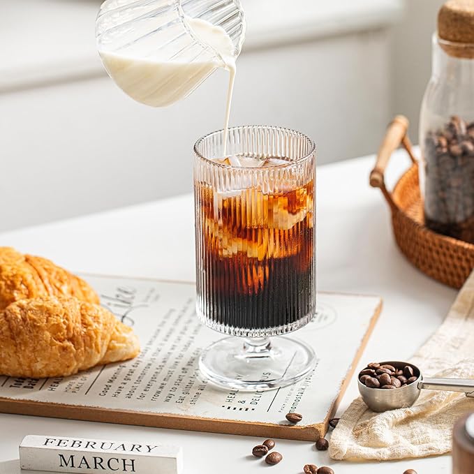 INSETLAN Set of 8 Ribbed Glass Goblets–4 Goblets Glassware 12oz, 4 Short Stem Wine Glasses 10oz, Vertical Stripe Stemmed Glassware, Ideal for Juice, Water, Iced Coffee, Whiskey, Mixed Drinkware