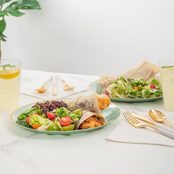Restaurantware Plastic Plates 20 Pcs 10" Gold Rimmed Disposable Plates Heavy-Duty Green Translucent Rippled Plastic Dinner Servers for Party, Weddings, Salads, Desserts, and Appetizers