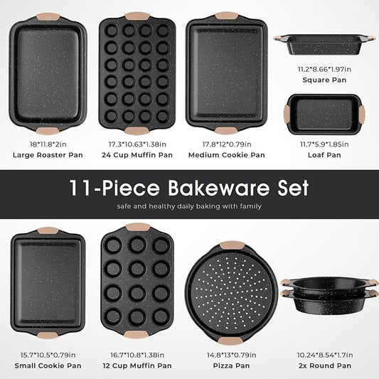 11-Piece Baking Pans Set, Nonstick Bakeware Sets, Oven Pans for Baking with Silicone Handles, Includes Cookie Sheet, Cake Pans, Loaf Pan, Pizza Pan, Muffin Pan, Khaki&Black