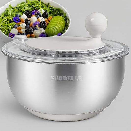 Stainless Steel Salad Spinner – Large Lettuce Dryer with Non-Slip Base & Instant Stop, BPA-Free Vegetable Washer, 5.3 Qt Cream White – Durable, Elegant & Premium