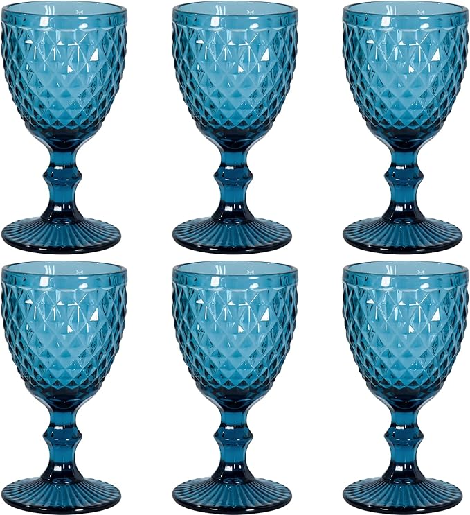 Vintage Wine Glasses Set of 6, 12 OZ Colored Glass Water Goblets, Embossed Floral Decorative Crystal Glass Cups Set, Dishwasher Safe, for Wedding, Party, Red Wine Glass, Bars, Restaurants