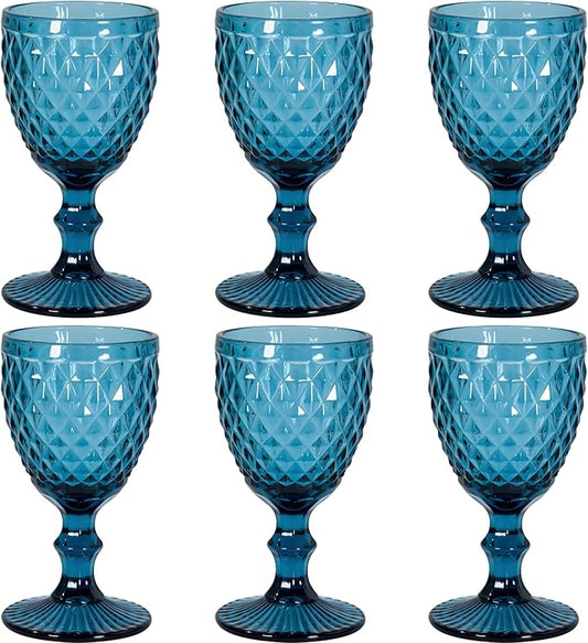 Vintage Wine Glasses Set of 6, 12 OZ Colored Glass Water Goblets, Embossed Floral Decorative Crystal Glass Cups Set, Dishwasher Safe, for Wedding, Party, Red Wine Glass, Bars, Restaurants