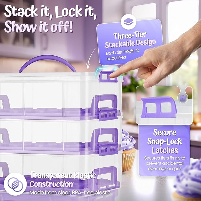 Flexzion 36 Cupcake Carrier 3 Tier Stackable Storage Container Collapsible Cake Carrier with Lid and Handle, Reusable Rectangular Plastic Dessert Travel Container, Display Holder Transport Box
