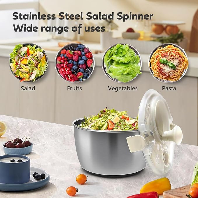 5.3QT Stainless Steel Salad Spinner - Large Capacity Vegetable & Fruit Washer Cleaner, Salad Dryer with Quick Spin & Drain Outlet, Multi-Use Colander