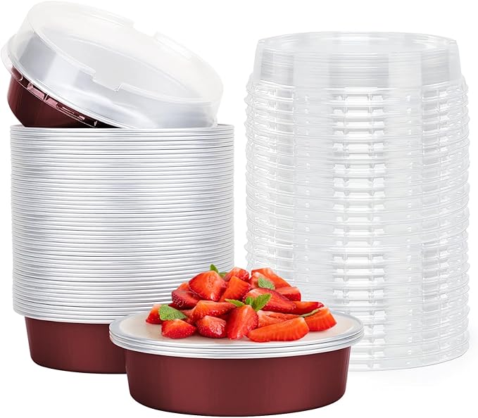 Beasea Disposable Mini Pie Tins with Lids, 50 Pack 4” 7.3oz 215ml Small Round Aluminum Baking Tart Foil Container for Individual Dessert Cupcake Cheesecake Ramekin Quiche Oven Dishes - Wine Red