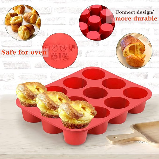 12-Cup Silicone Professional Non-Stick Popover Pans for Muffins, Brownies and Baking