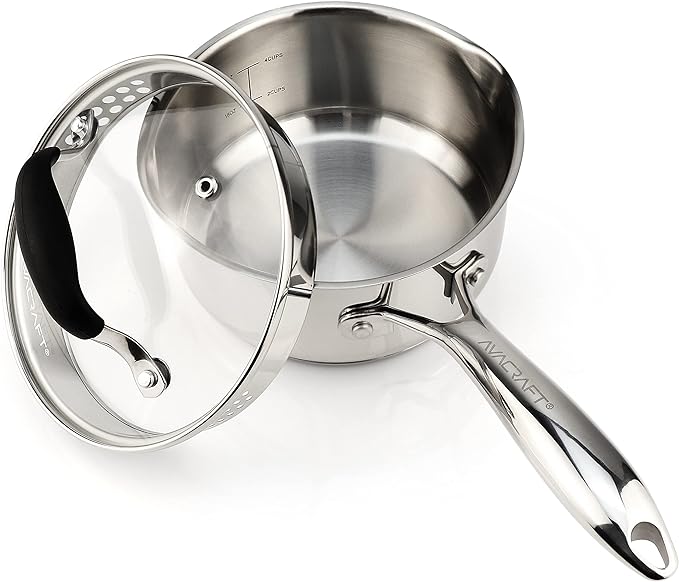 AVACRAFT Multipurpose Sauce Pan/Pot, Stainless Steel with Glass Strainer Lid, Two Side Spouts for Easy Pour with Ergonomic Handle (5-Ply Capsule Bottom, 1.5 Quart)