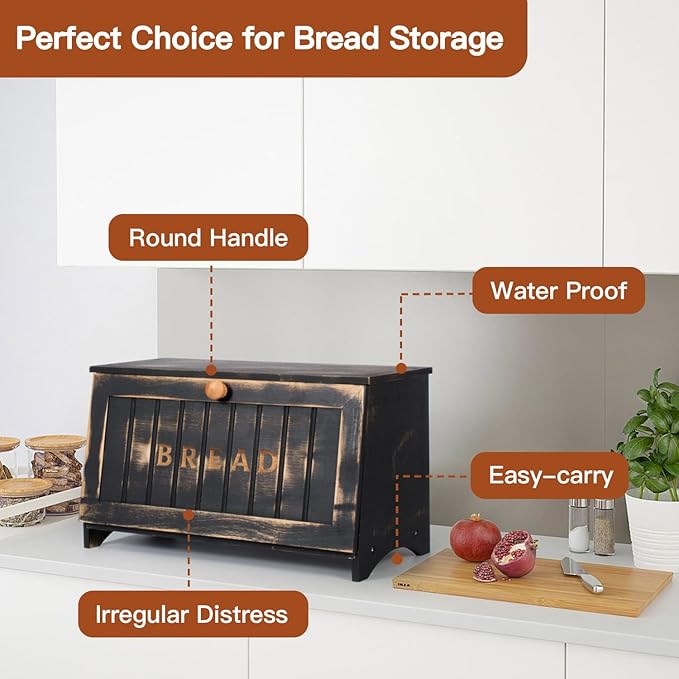 Bamboo Bread Box for Kitchen Countertop, Black Vintage Wooden Counter Breadbox, Single Layer Rustic Wood Large Capacity Bread Storage Container Bin
