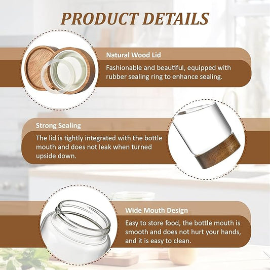 28 oz/850 ml Clear Glass Storage Canister with Airtight Wooden Screw Lid, Medium Cute Decorative Glass Container Jar for Coffee,Spice,Candy,Salt,Cookie,Condiment,Pepper,Sugar,Overnight Oatmeal