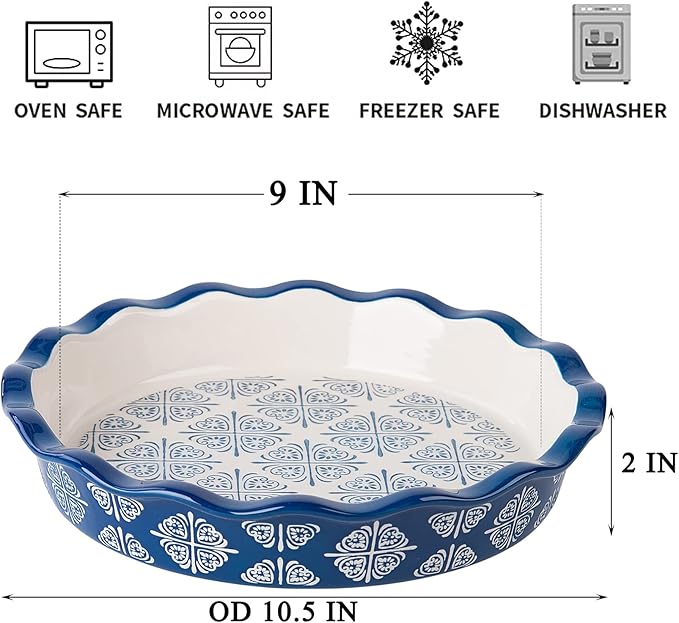 Wisenvoy Pie Pan Ceramic Pie Dish Blue Pie Plate Porcelain Deep Dish Pie Pan Non-Stick Pie Pans