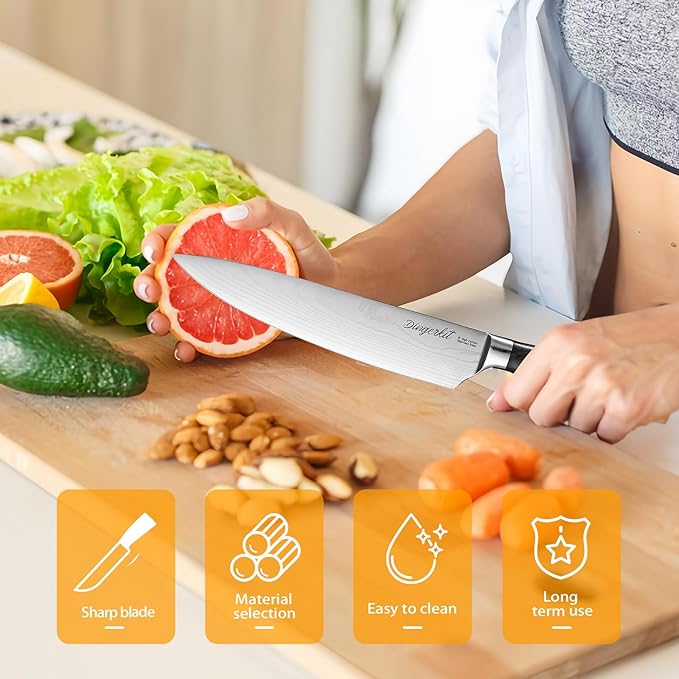Chef Knife, Chefs Knife for Meat Cleaver Carving Chopping Cutting Made of Damascus Pattern High Carbon Stainless Steel with Pakkawood Handle, Professional 8 Inch Kitchen Knives.
