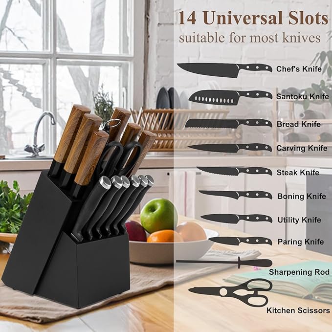 RedCall Universal Knife Block Holder,Large Wood Bamboo Knife Block without Knives,14 Slot Universal Knife Holder Countertop,Butcher Block Knife Storage Organizer for Kitchen (Black)