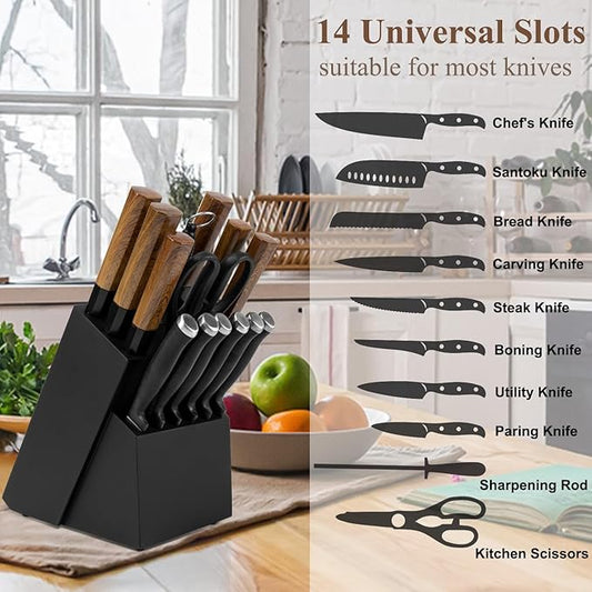 RedCall Universal Knife Block Holder,Large Wood Bamboo Knife Block without Knives,14 Slot Universal Knife Holder Countertop,Butcher Block Knife Storage Organizer for Kitchen (Black)
