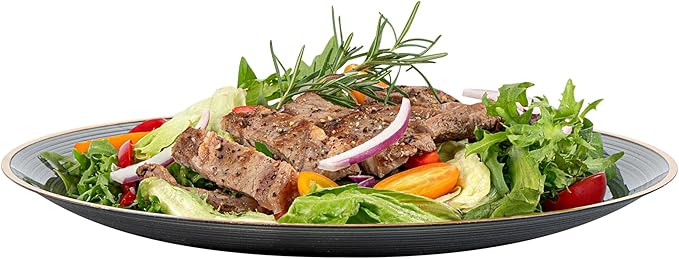 Restaurantware Plastic Plates 20 Pcs 10" Gold Rimmed Disposable Plates Heavy-Duty Black Translucent Rippled Plastic Dinner Servers for Party, Weddings, Salads, Desserts, and Appetizers