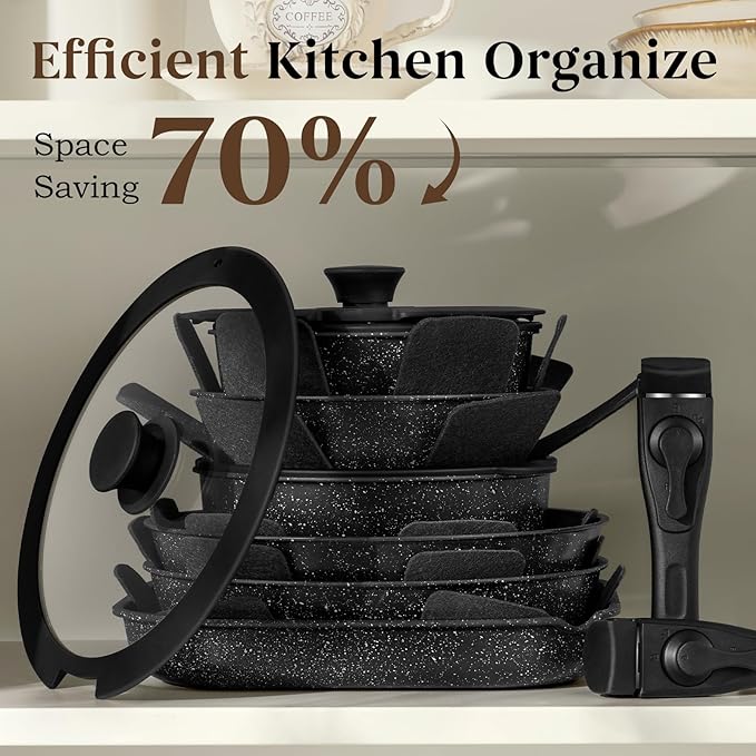 20 Pcs Pots and Pans Set Non Stick, Stackable Cookware Sets with Detachable Handle, Granite Induction RV Kitchen Portable Cooking Set Removable Handles, Dishwasher & Oven Safe, Black