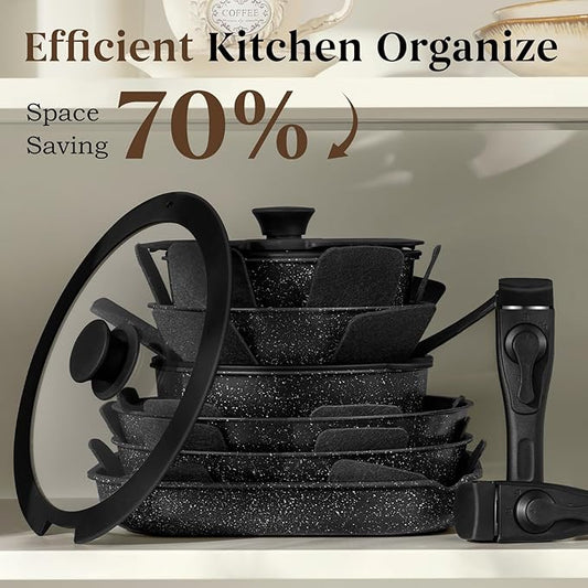 20 Pcs Pots and Pans Set Non Stick, Stackable Cookware Sets with Detachable Handle, Granite Induction RV Kitchen Portable Cooking Set Removable Handles, Dishwasher & Oven Safe, Black