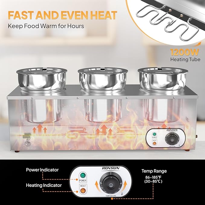 ROVSUN Electric Soup Warmer, 22QT Commercial Food Warmer Steam Table, Countertop Bain Marie with Three 7.4QT Pots, 86~185°F Adjustable Temperature, Lid and Tap for Buffet Restaurant 1200W