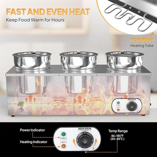 ROVSUN Electric Soup Warmer, 22QT Commercial Food Warmer Steam Table, Countertop Bain Marie with Three 7.4QT Pots, 86~185°F Adjustable Temperature, Lid and Tap for Buffet Restaurant 1200W