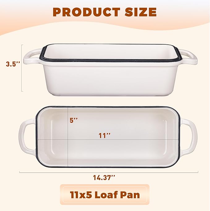 11x5 Inch Cast Iron Bread Loaf Pan With Lid, 5.8 Qt Large Loaf Pan for Sourdough Bread Baking, Heavy Duty Dutch Oven Bread Pan For a Crispy Crus (Cream White)