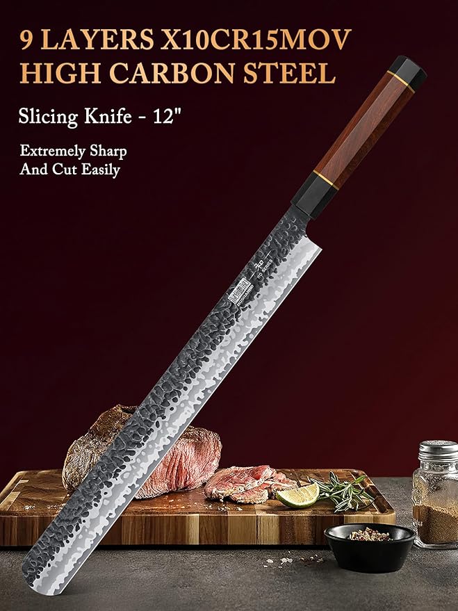 12 Inch Brisket Slicing Knife, Japanese Carving Knife for Meat Cutting and BBQ, Hand Forged Razor Sharp Slicing Knives with Ergonomic Octagonal Handle