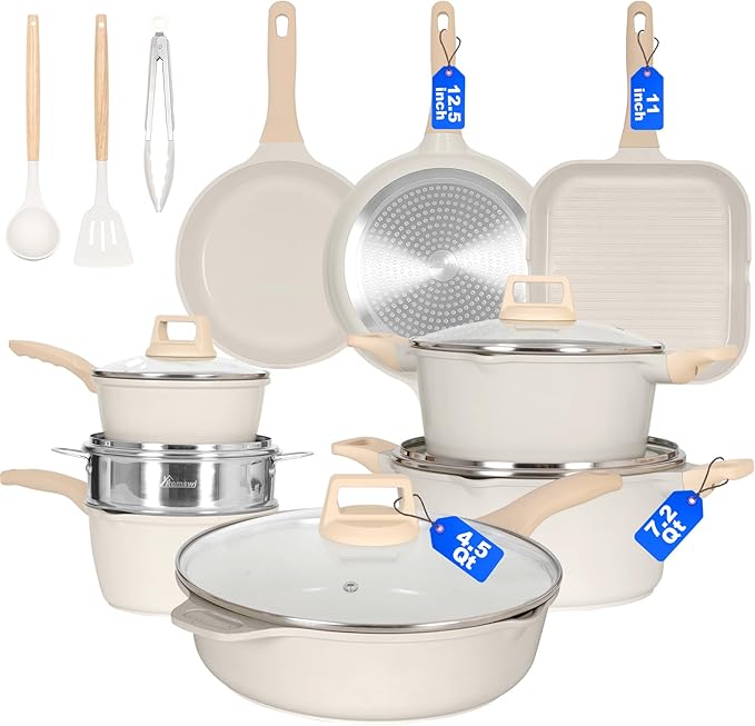Romswi 23pcs Pots and Pans Set Non Stick, Kitchen Cookware Set with Casserole, Frying & Saucepans, Oven Safe & Stovetop Agnostic Non Toxic Cookware(Gas, Electric & Induction) - White