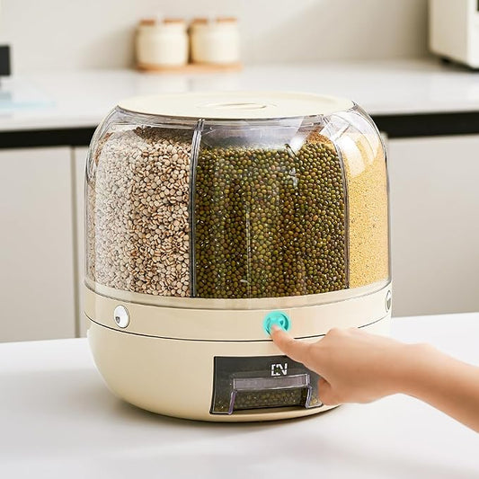Rice Dispenser | 360° Rotating Grain Storage Bin - 6 Grids, 20LBS Large Capacity Food Container, Moisture-Proof, One-Click Output for Rice, Beans & Pet Food - Kitchen Pantry Organizer