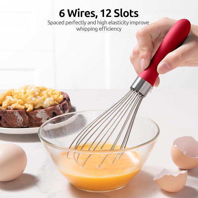 U-Taste 9" Small Egg Whisk: 18/10 Stainless Steel Kitchen Cooking Wire Balloon Wisk, Heavy Duty Metal Beater Stirrer, Manual Baking Tool with 6 Flex Wires for Hand Mixing, Blending Sauce (Red)