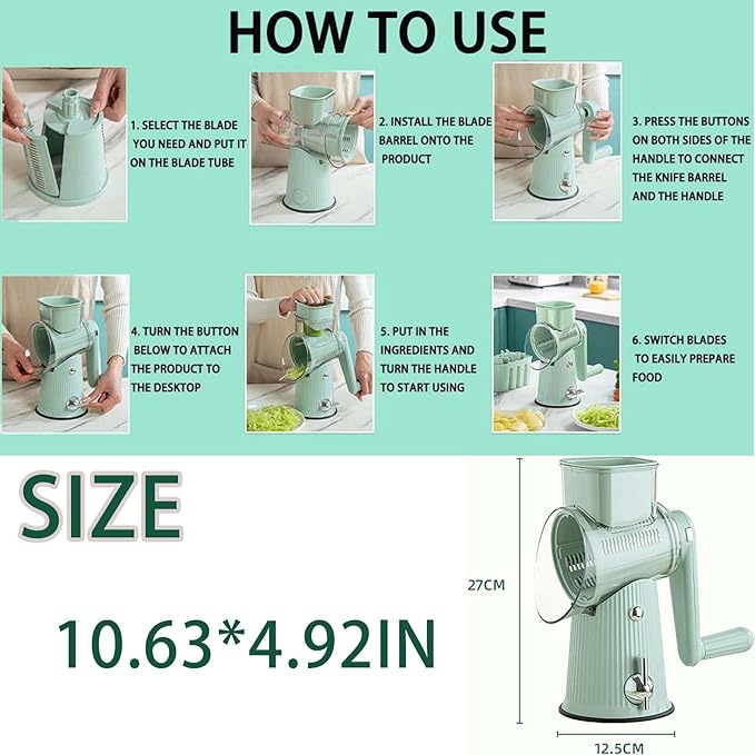 Ultimate Kitchens Ally 5 in 1 Food Chopper, Roarrave Grater with 10 pcs Interchangeable Blades, Multifunction 5 in 1 Hand Crank Food Chopper for Kitchen (Green)