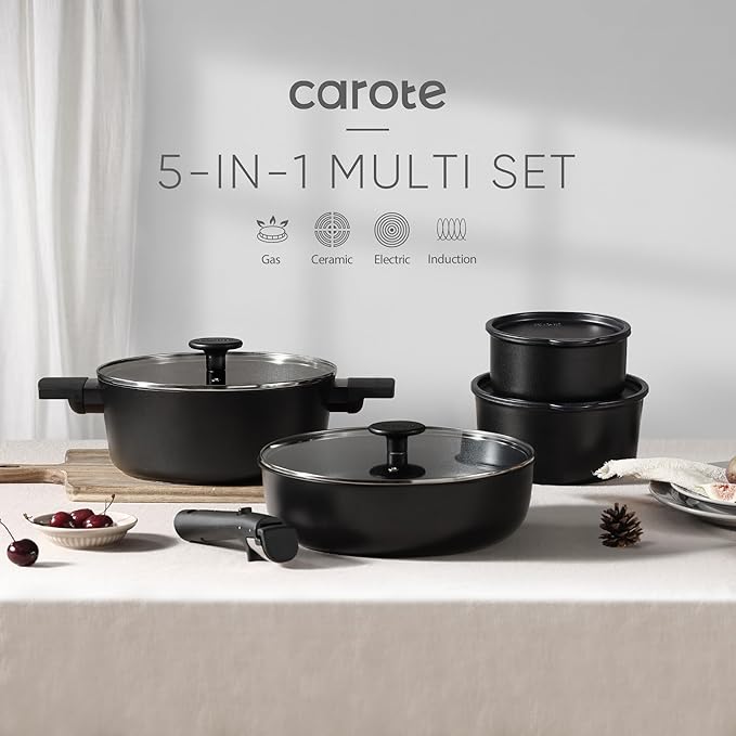 CAROTE 13pcs Pots and Pans Set Non Stick, Cookware Set Detachable Handle, Nonstick Induction Kitchen Cookware Non Stick with Removable Handle, RV Cookware Set, Oven Safe Cook Ware Set, Black