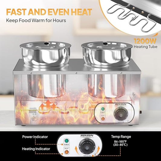 ROVSUN Electric Soup Warmer, 15QT Commercial Food Warmer Steam Table, Countertop Bain Marie with Dual 7.4QT Pots, 86~185°F Adjustable Temperature, Lid and Tap for Buffet Restaurant 1200W