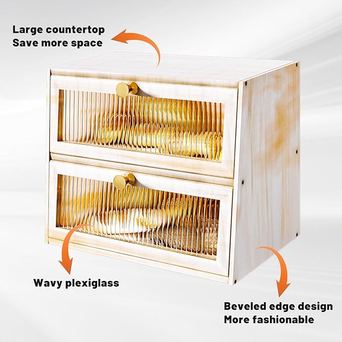 Vintage Double Layer Bread Box for Kitchen Countertop,Large White Bread Boxes Wooden Breadbox Bread Storage Container Bin Bread Holder(Vintage White)