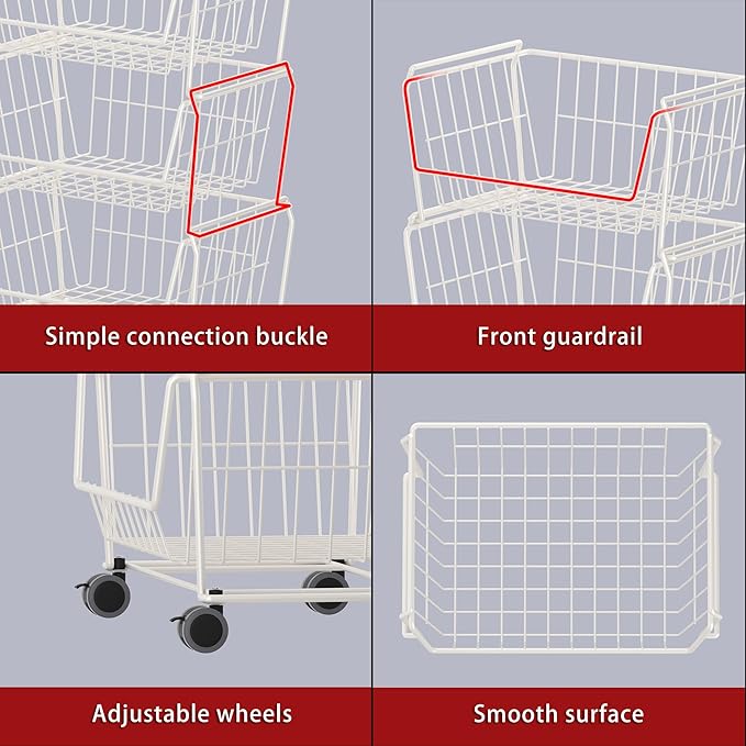 PUSDON Stackable Metal Storage Carts, Dual Use Shelf for Kitchen Fruit Vegetable Baskets with Wheels, Storage Rack for Living Room, Home & Office, Standard White 6 Tiers