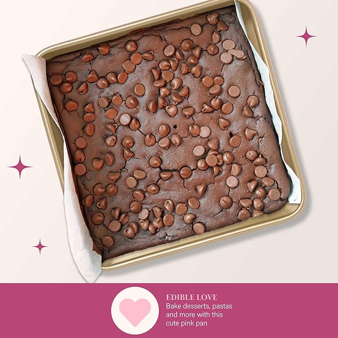 Paris Hilton Nonstick Carbon Steel Bakeware Collection, 9-Inch Square Cake Pan, Dishwasher Safe, Made without PFOA and PFAS, Pink Champagne Two-Tone